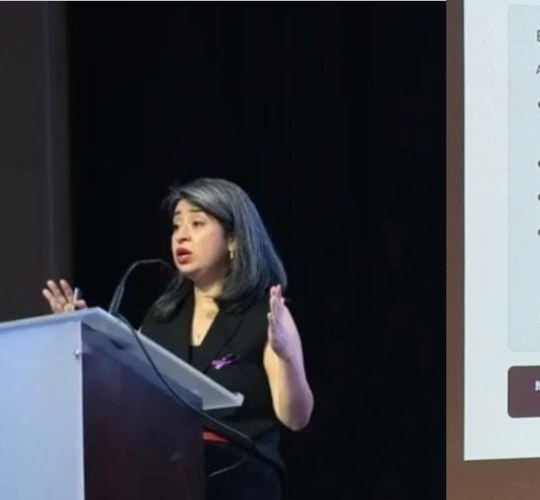 Silvi disertando desde el atril en un congreso